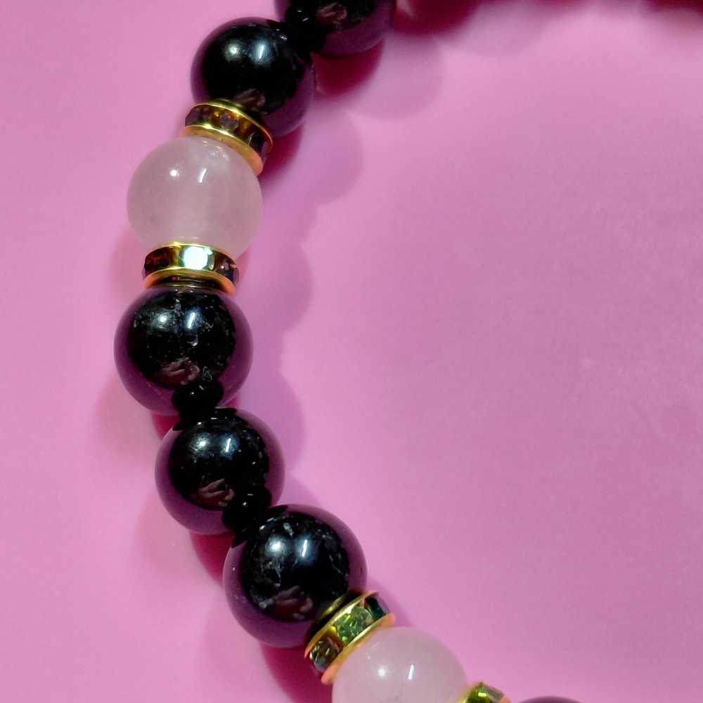 Black Tourmaline & Rose Quartz Bracelet with Flower & Warrior Charms - Picture 4 of 4